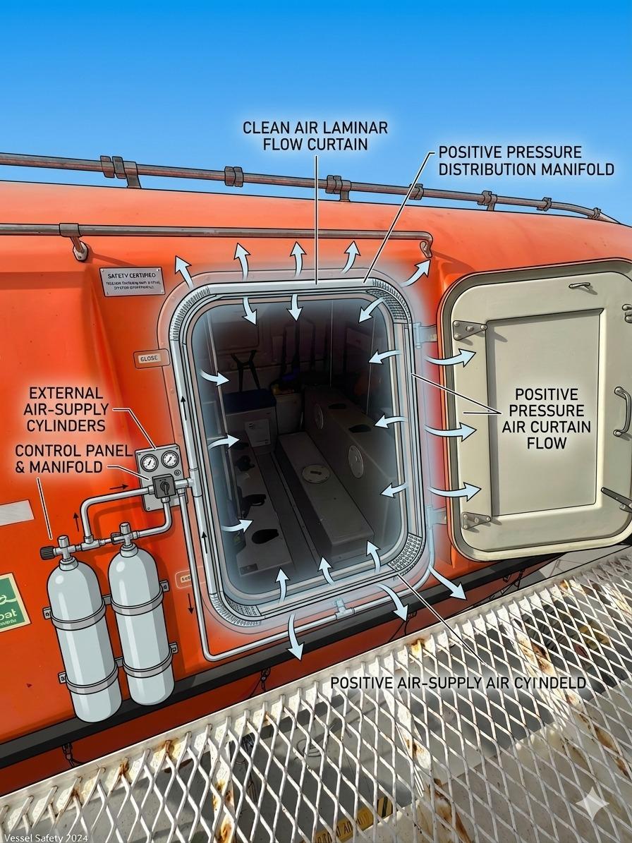 Positive pressure air curtain distribution diagram for a TEMPSC lifeboat